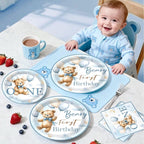 232 Pcs Beary First Birthday Decorations, Teddy Bear One Year Old Birthday Balloon Garland, Banners, Baby First Teddy Bear Backdrop, Plates