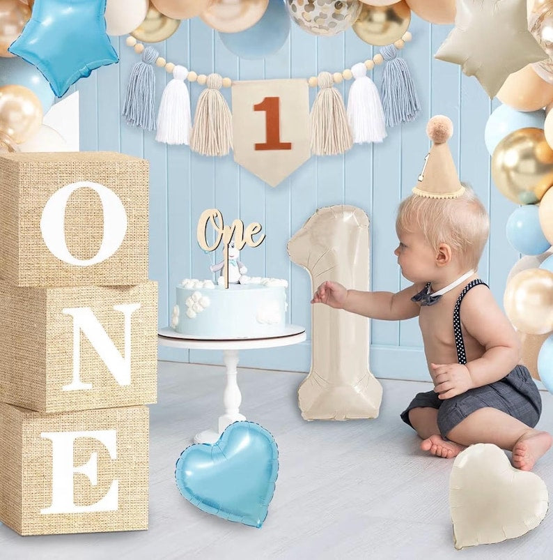 Baby Boy 1st Birthday Decorations, First Birthday Decorations for Boys, Blue Khaki Highchair Banner Cone Hat Balloon Boxes for Baby 1st Bday