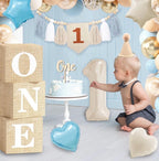 Baby Boy 1st Birthday Decorations, First Birthday Decorations for Boys, Blue Khaki Highchair Banner Cone Hat Balloon Boxes for Baby 1st Bday