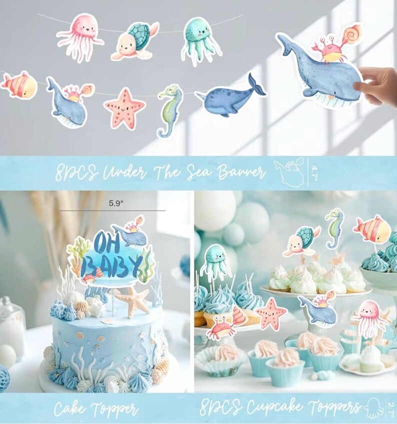 Under The Sea Baby Shower Decorations – 121Pcs Ocean Theme Party Supplies with Underwater Party Decor Backdrop, Blue Green Balloon Garland
