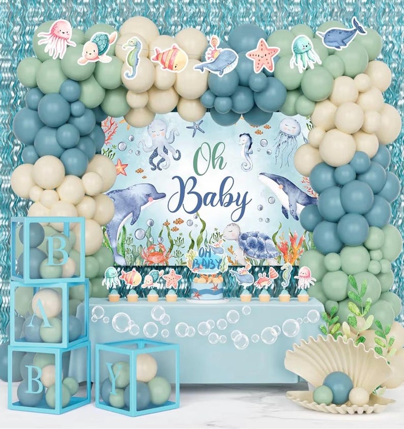 Under The Sea Baby Shower Decorations – 121Pcs Ocean Theme Party Supplies with Underwater Party Decor Backdrop, Blue Green Balloon Garland