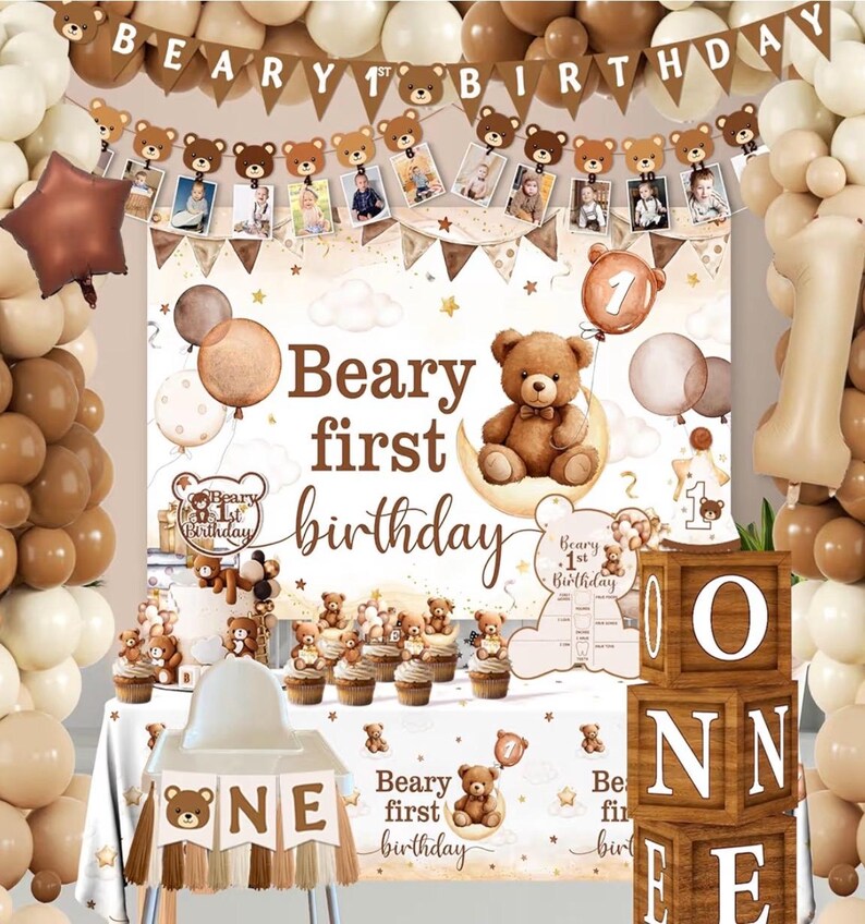 Beary First Birthday Decorations,147pcs Bear Birthday Decorations Brown Bear Birth Day Banner Backdrop High Chair Banner Balloon Box