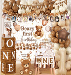 Beary First Birthday Decorations,147pcs Bear Birthday Decorations Brown Bear Birth Day Banner Backdrop High Chair Banner Balloon Box