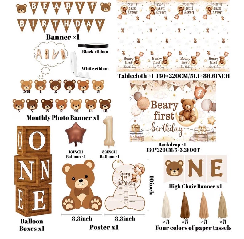 Beary First Birthday Decorations,147pcs Bear Birthday Decorations Brown Bear Birth Day Banner Backdrop High Chair Banner Balloon Box