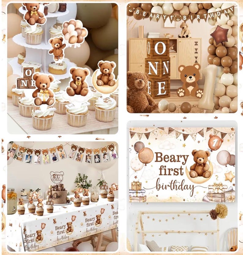 Beary First Birthday Decorations,147pcs Bear Birthday Decorations Brown Bear Birth Day Banner Backdrop High Chair Banner Balloon Box