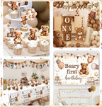 Beary First Birthday Decorations,147pcs Bear Birthday Decorations Brown Bear Birth Day Banner Backdrop High Chair Banner Balloon Box