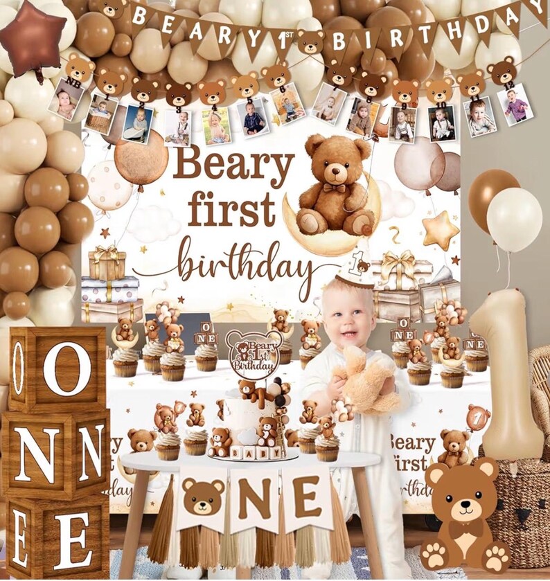 Beary First Birthday Decorations,147pcs Bear Birthday Decorations Brown Bear Birth Day Banner Backdrop High Chair Banner Balloon Box