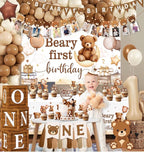 Beary First Birthday Decorations,147pcs Bear Birthday Decorations Brown Bear Birth Day Banner Backdrop High Chair Banner Balloon Box