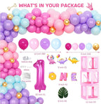 One a Saurus Birthday Decorations Pink Dinosaur Party Pack for 1st Birthday Girl, Includes Backdrop, Balloon Banner, Cake Topper, Box, Crown