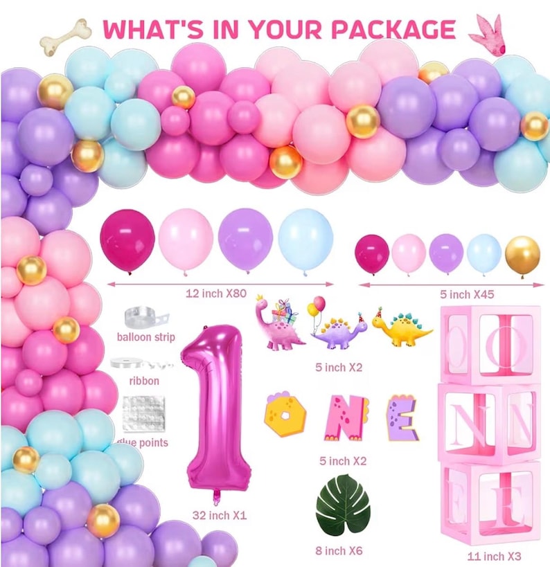 One a Saurus Birthday Decorations Pink Dinosaur Party Pack for 1st Birthday Girl, Includes Backdrop, Balloon Banner, Cake Topper, Box, Crown