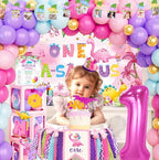 One a Saurus Birthday Decorations Pink Dinosaur Party Pack for 1st Birthday Girl, Includes Backdrop, Balloon Banner, Cake Topper, Box, Crown