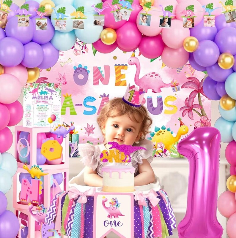 One a Saurus Birthday Decorations Pink Dinosaur Party Pack for 1st Birthday Girl, Includes Backdrop, Balloon Banner, Cake Topper, Box, Crown