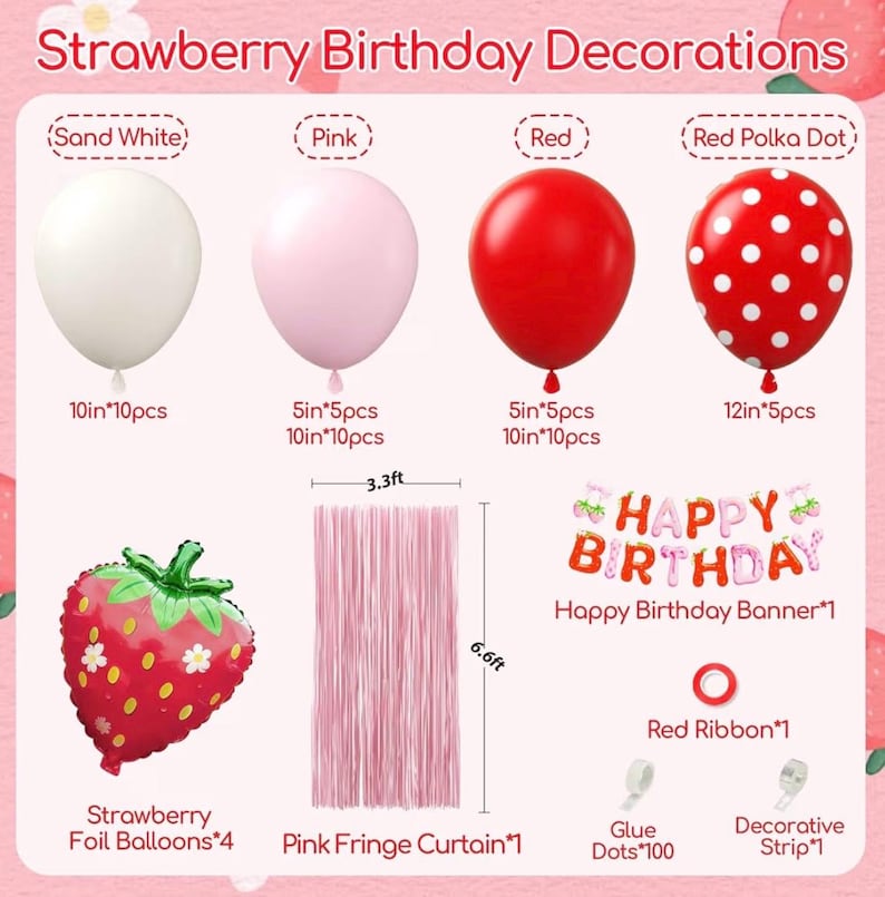 Strawberry Birthday Party Decorations with Pink Fringe Curtain Happy Birthday Banner Pink Red Sand White Balloons for Strawberry Themed