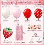 Strawberry Birthday Party Decorations with Pink Fringe Curtain Happy Birthday Banner Pink Red Sand White Balloons for Strawberry Themed