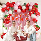 Strawberry Birthday Party Decorations with Pink Fringe Curtain Happy Birthday Banner Pink Red Sand White Balloons for Strawberry Themed