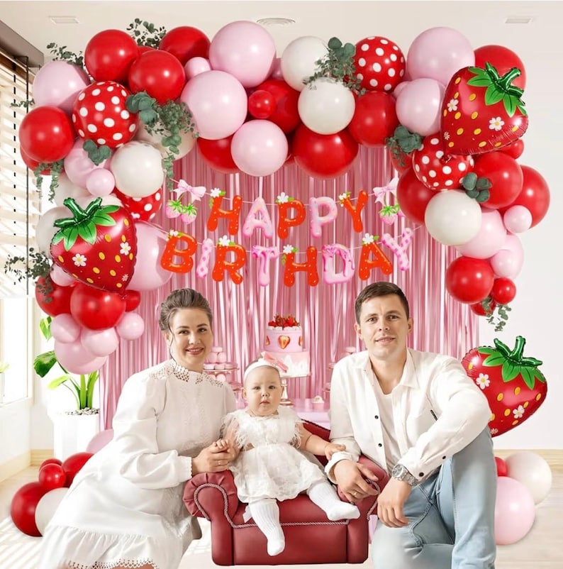 Strawberry Birthday Party Decorations with Pink Fringe Curtain Happy Birthday Banner Pink Red Sand White Balloons for Strawberry Themed