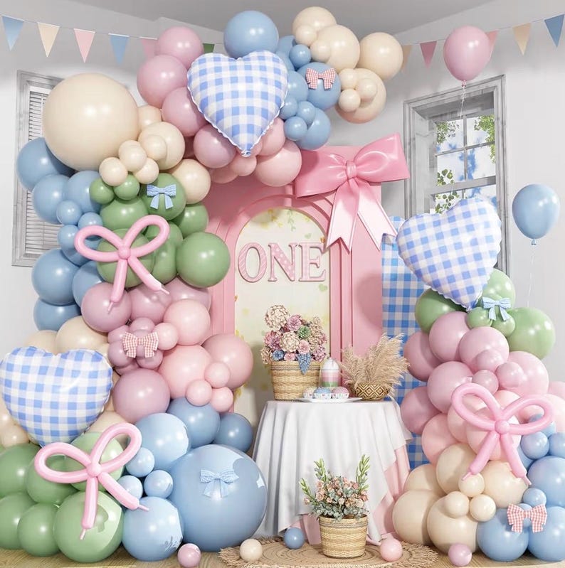 Silly Goose Balloon Arch Kit, Pink Blue Green Latex Balloon Garland Kit Gingham Heart Foil Balloons for Boys Girls Goose Birthday Party