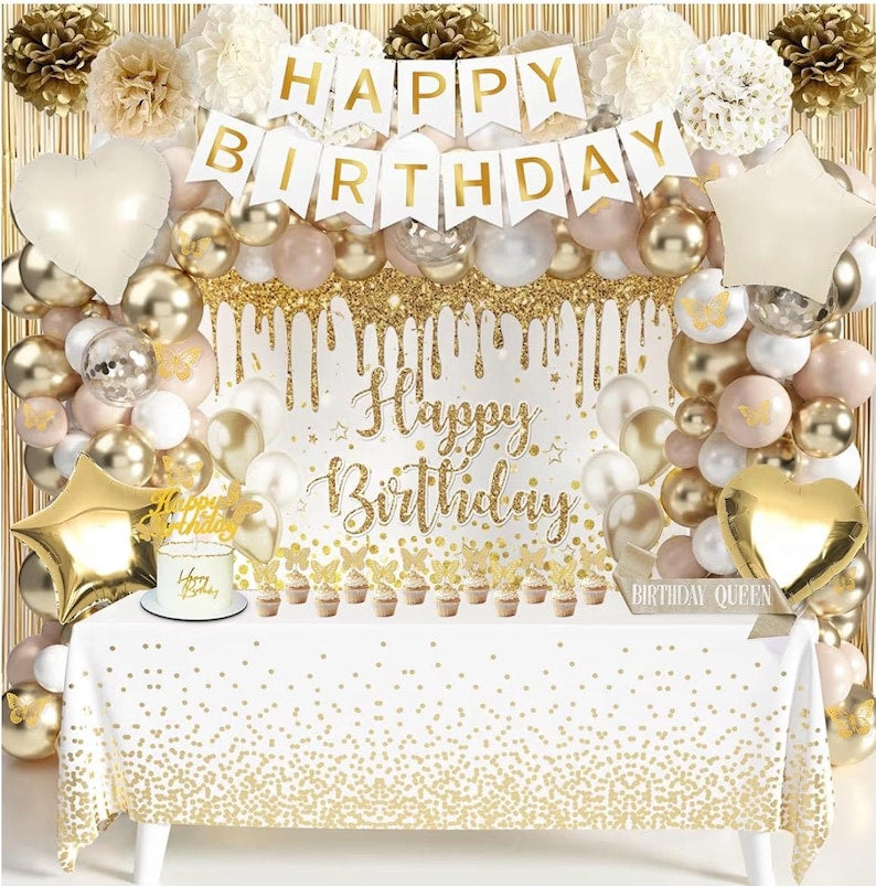 Gold Birthday Party Decorations White and Gold Birthday Decorations for Women Girls with Beige Cream Balloon Arch Sash Golden Tablecloth