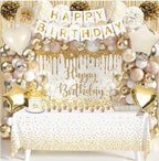 Gold Birthday Party Decorations White and Gold Birthday Decorations for Women Girls with Beige Cream Balloon Arch Sash Golden Tablecloth
