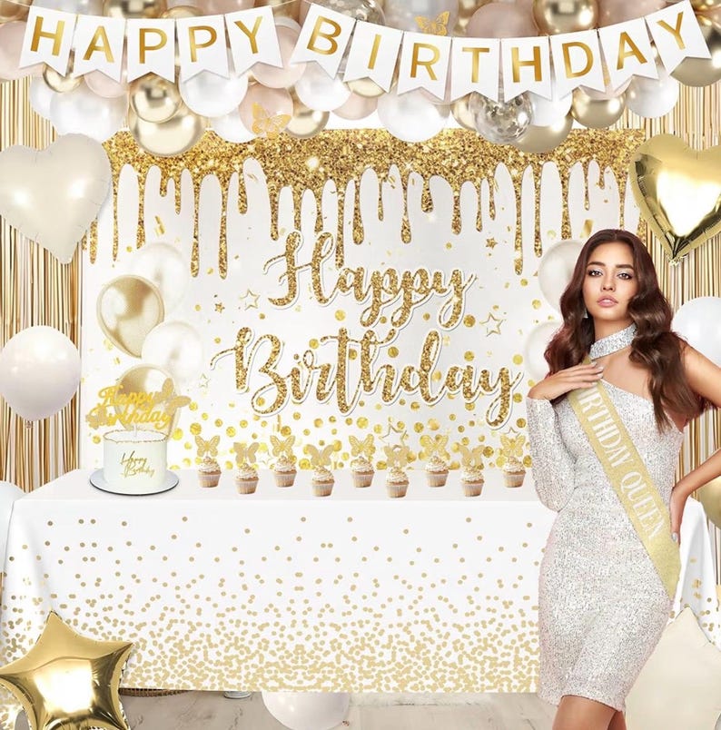 Gold Birthday Party Decorations White and Gold Birthday Decorations for Women Girls with Beige Cream Balloon Arch Sash Golden Tablecloth