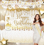Gold Birthday Party Decorations White and Gold Birthday Decorations for Women Girls with Beige Cream Balloon Arch Sash Golden Tablecloth