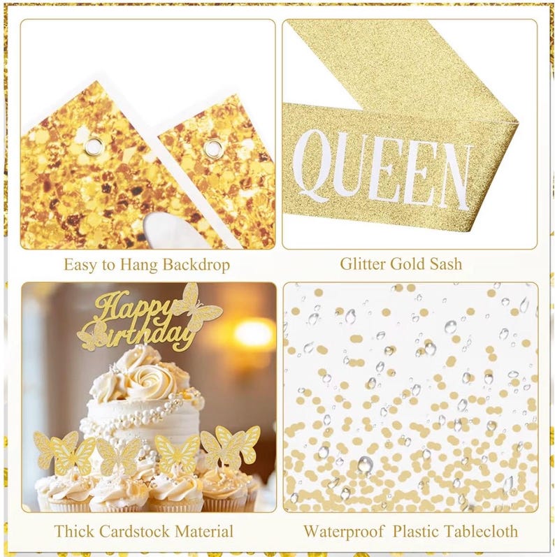 Gold Birthday Party Decorations White and Gold Birthday Decorations for Women Girls with Beige Cream Balloon Arch Sash Golden Tablecloth