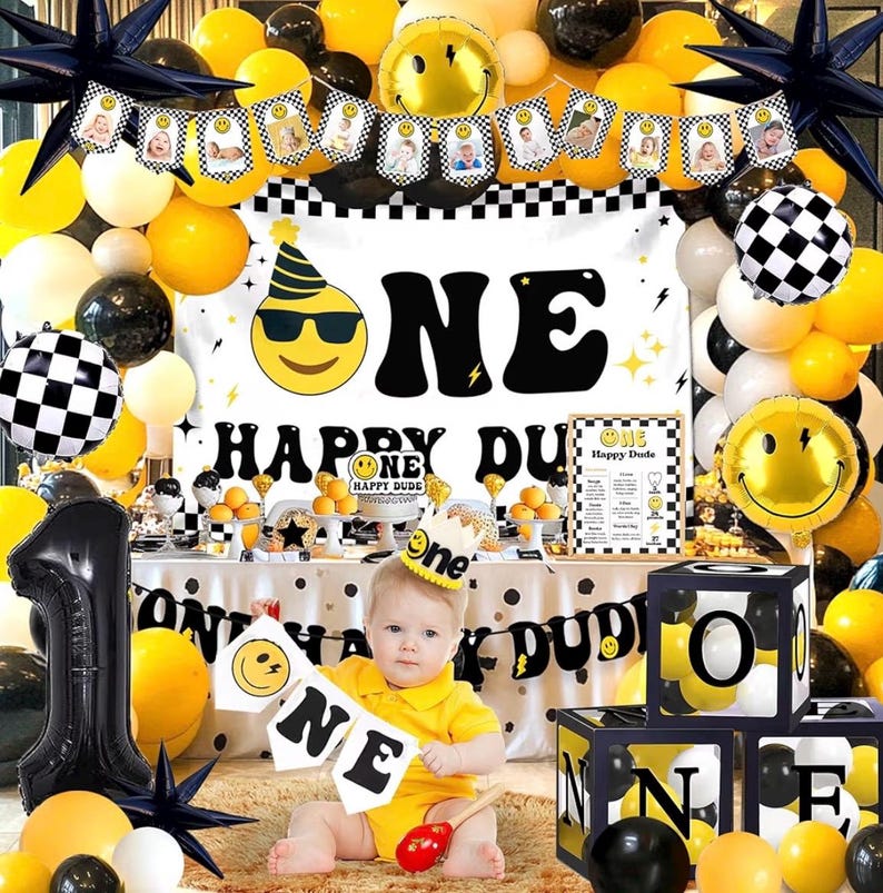 One Happy Dude Birthday Decorations, One Happy Dude 1st Birthday Decorations, Backdrop Balloon Garland Monthly Photo Highchair Banner