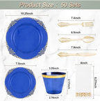 350PCS Clear Blue Plastic Plates for 50 Guests, Disposable Plates with Gold Trim include 50 Dinner and Dessert Plates, 150 Gold Silverware