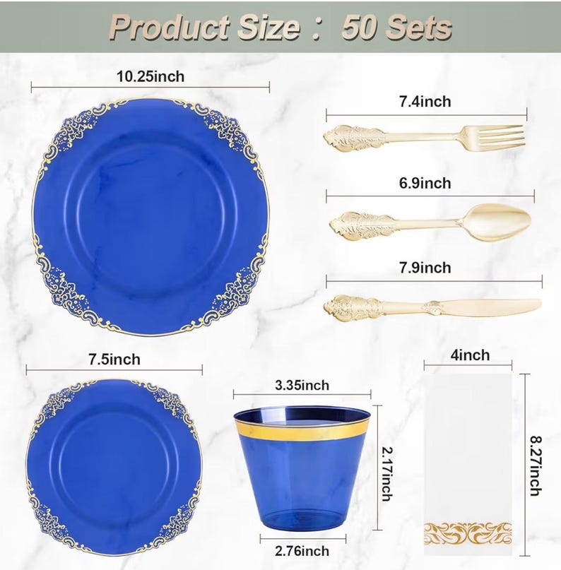 350PCS Clear Blue Plastic Plates for 50 Guests, Disposable Plates with Gold Trim include 50 Dinner and Dessert Plates, 150 Gold Silverware
