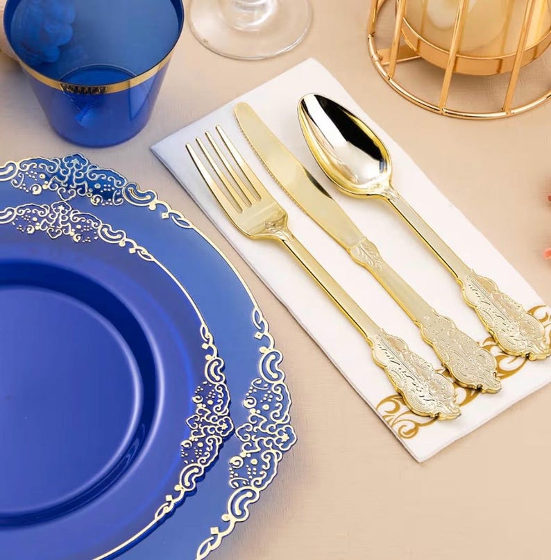 350PCS Clear Blue Plastic Plates for 50 Guests, Disposable Plates with Gold Trim include 50 Dinner and Dessert Plates, 150 Gold Silverware