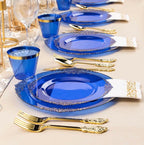 350PCS Clear Blue Plastic Plates for 50 Guests, Disposable Plates with Gold Trim include 50 Dinner and Dessert Plates, 150 Gold Silverware