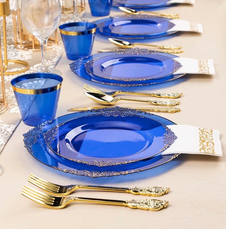 350PCS Clear Blue Plastic Plates for 50 Guests, Disposable Plates with Gold Trim include 50 Dinner and Dessert Plates, 150 Gold Silverware