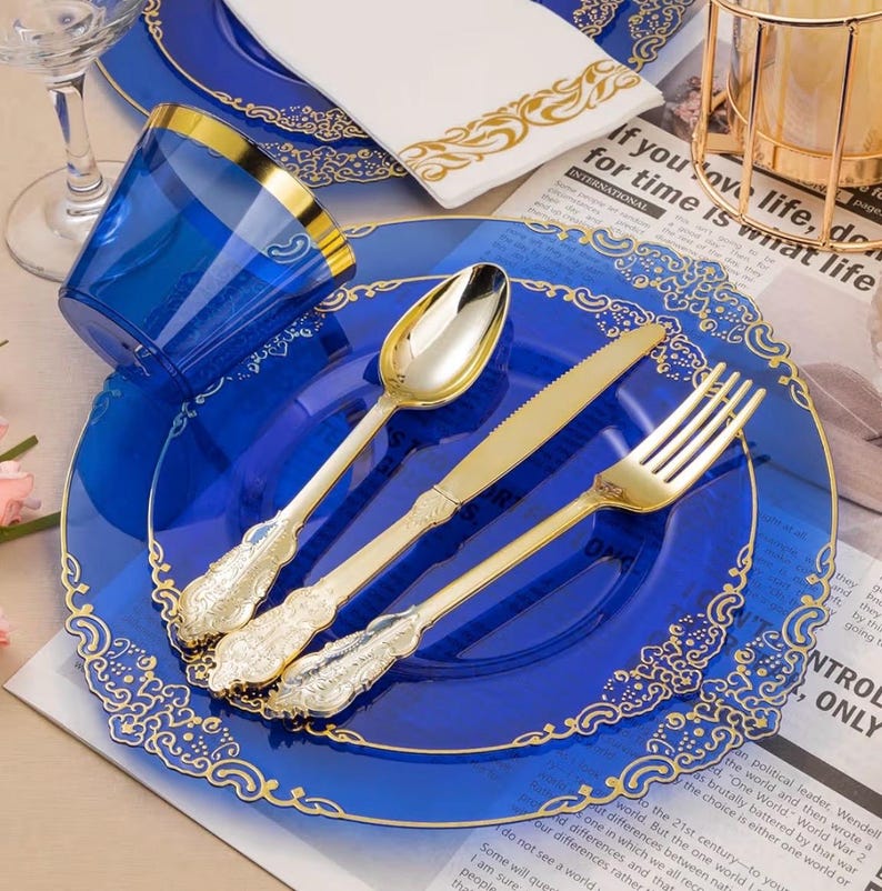 350PCS Clear Blue Plastic Plates for 50 Guests, Disposable Plates with Gold Trim include 50 Dinner and Dessert Plates, 150 Gold Silverware