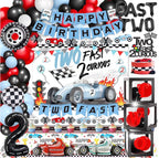 2 Fast Birthday Decorations，Two Fast 2 Curious Racing 2nd Birthday Decorfor Boys Girls 2nd Bday Racing Themed Car Decoration Party Supplies