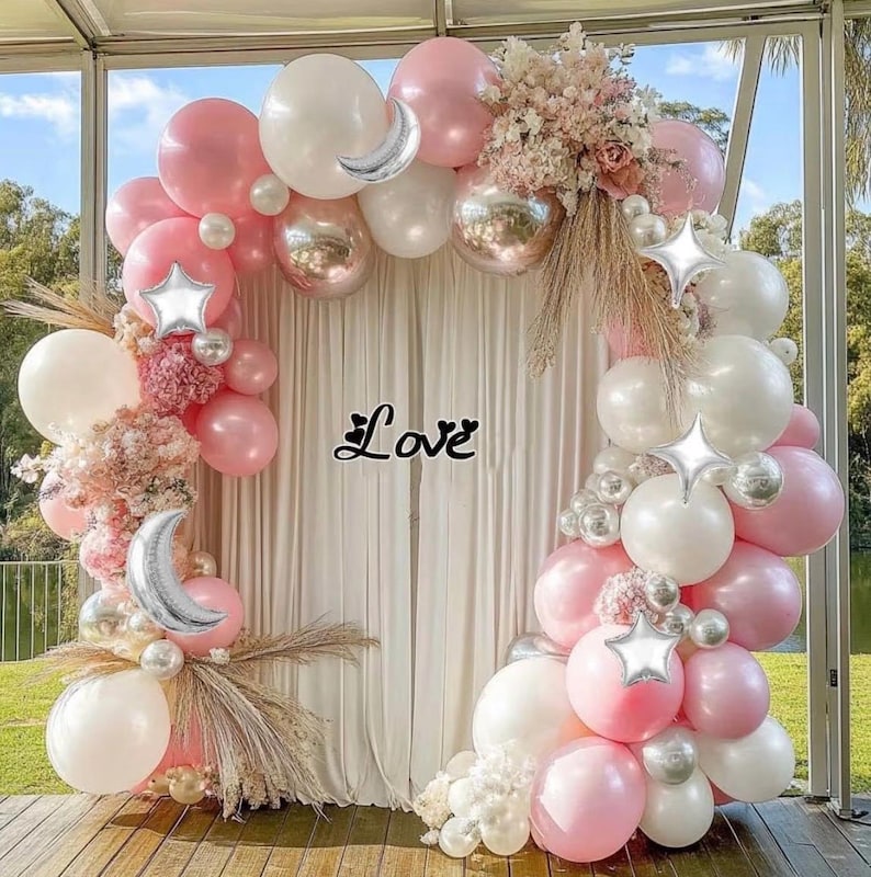 White Balloons Arch Double Stuffed Pearl White Star Moon Balloon Garland Different Sizes Cream Ivory Balloons for Birthday Baptism Bridal