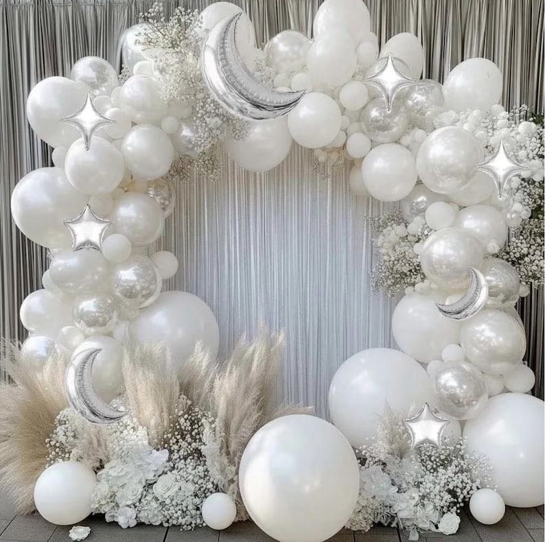 White Balloons Arch Double Stuffed Pearl White Star Moon Balloon Garland Different Sizes Cream Ivory Balloons for Birthday Baptism Bridal