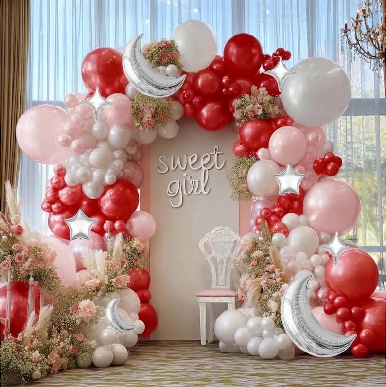 White Balloons Arch Double Stuffed Pearl White Star Moon Balloon Garland Different Sizes Cream Ivory Balloons for Birthday Baptism Bridal
