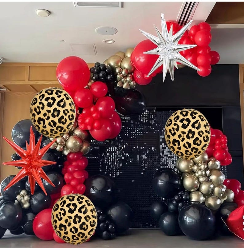 Red Black Gold Balloon Arch Garland Kit Leopard Cheetah Print Party Balloons Black Red Metallic Silver Gold Explosion Star Balloon for Girl