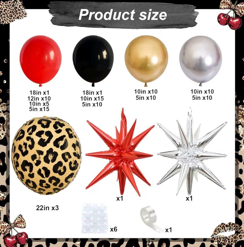 Red Black Gold Balloon Arch Garland Kit Leopard Cheetah Print Party Balloons Black Red Metallic Silver Gold Explosion Star Balloon for Girl