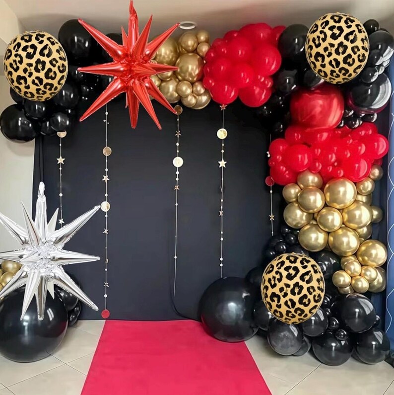 Red Black Gold Balloon Arch Garland Kit Leopard Cheetah Print Party Balloons Black Red Metallic Silver Gold Explosion Star Balloon for Girl