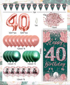 40th Birthday Party Decorations  Rose Gold Green Happy 40th Birthday Banner and  40th Birthday Balloons for 40th Party Supplies 28 Pcs