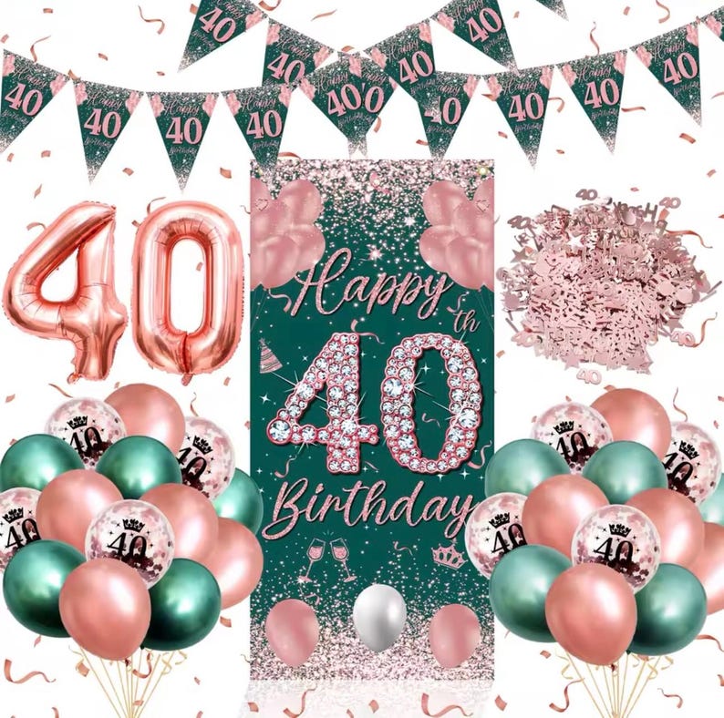 40th Birthday Party Decorations  Rose Gold Green Happy 40th Birthday Banner and  40th Birthday Balloons for 40th Party Supplies 28 Pcs