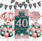 40th Birthday Party Decorations  Rose Gold Green Happy 40th Birthday Banner and  40th Birthday Balloons for 40th Party Supplies 28 Pcs