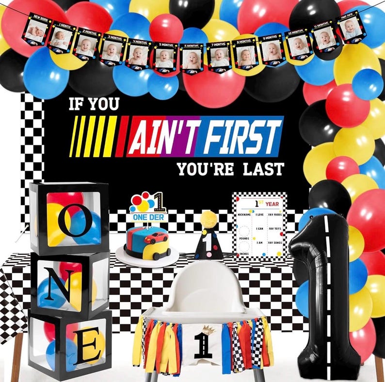 Fast One Birthday Decorations for Boys - 1st Race Car Theme Party Supplies for Baby Shower Decoration Include Birthday Hat Cake Topper