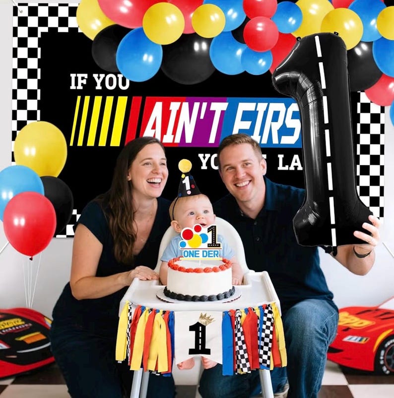 Fast One Birthday Decorations for Boys - 1st Race Car Theme Party Supplies for Baby Shower Decoration Include Birthday Hat Cake Topper