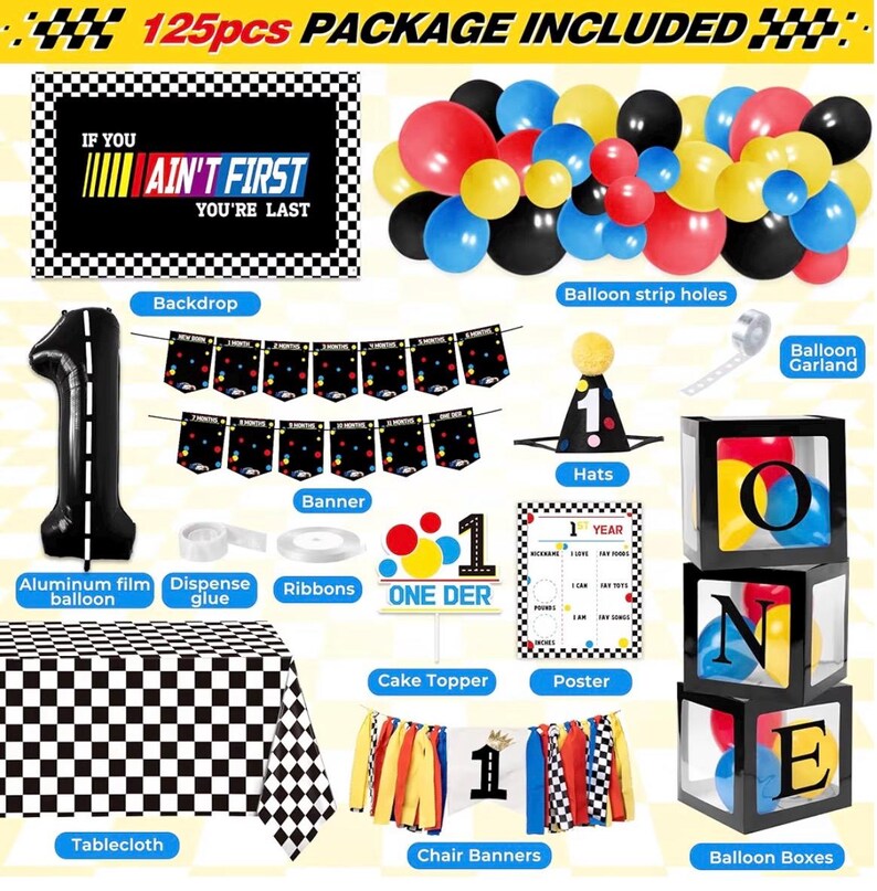 Fast One Birthday Decorations for Boys - 1st Race Car Theme Party Supplies for Baby Shower Decoration Include Birthday Hat Cake Topper