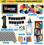 Fast One Birthday Decorations for Boys - 1st Race Car Theme Party Supplies for Baby Shower Decoration Include Birthday Hat Cake Topper