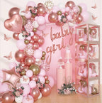 134pcs Rose Gold Balloons Baby Shower Decorations for Girl Boxes, Butterfly Stickers Balloon Garland Arch Kit Baby Box with Letter (A-Z+Baby