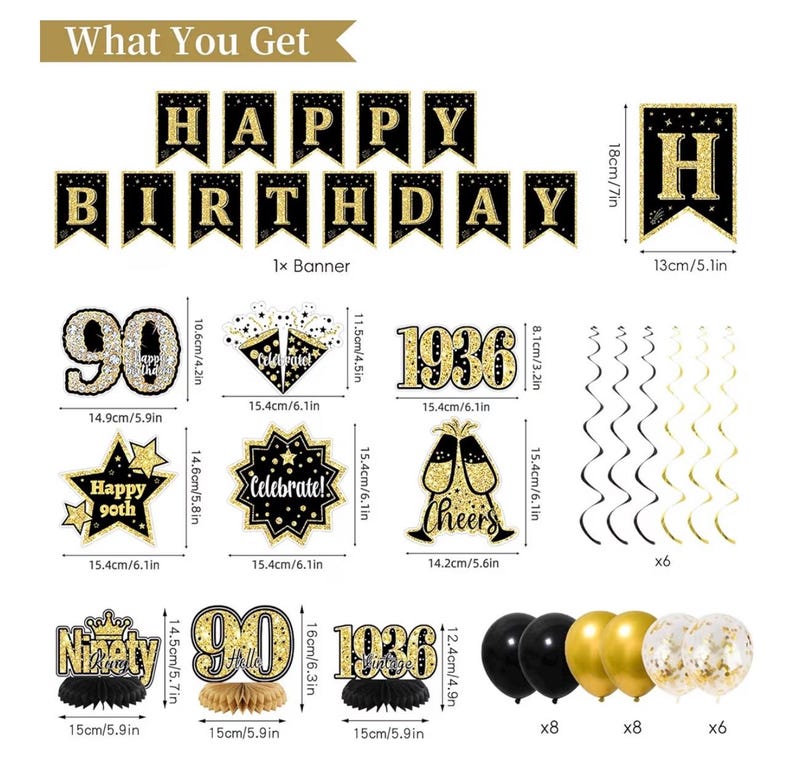 90th Birthday Decorations for Men, Black Gold Back in 1936 Party Supplies Kit with Banner, Backdrop, Sash, Balloons, Cake Topper & Honeycomb