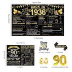 90th Birthday Decorations for Men, Black Gold Back in 1936 Party Supplies Kit with Banner, Backdrop, Sash, Balloons, Cake Topper & Honeycomb